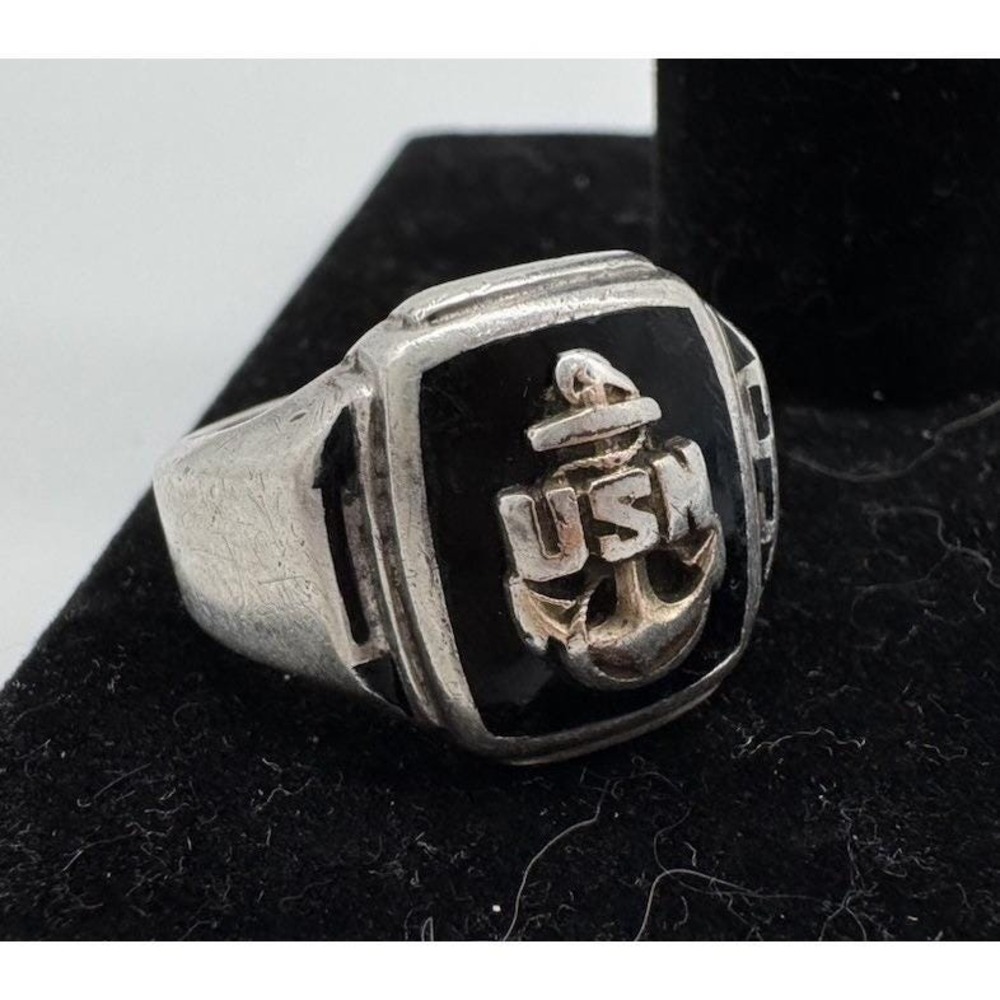 Vintage US Navy USN Anchor Sterling Silver Black Onyx Signet Ring Size 9.5